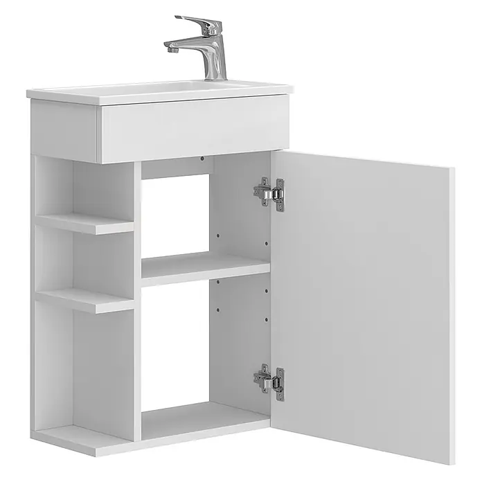 Vicco Badmöbel-Set Amadeo Weiß 2 Teile, mit Waschbecken - Weiß, Matt - Weißer Badezimmerschrank mit integriertem Waschbecken, Wasserhahn, offenen Regalen und Schranktür.