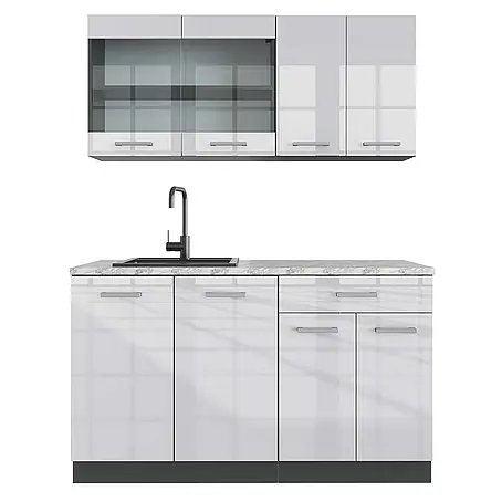 Vicco  Singleküche R-Line Weiß Hochglanz/Anthrazit, AP Marmor