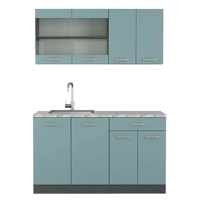 Vicco Singleküche R-Line Blau-Grau/Anthrazit, AP Marmor - Breite: 140 cm, Blau-Grau, Mit AP Marmor - Hellblaue Küchenzeile mit marmorierter Arbeitsplatte, integrierter Spüle, silbernen Griffen und Oberschränken, teils mit Glaseinsätzen.