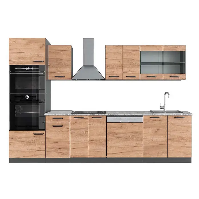 Vicco Küchenzeile R-Line Goldkraft Eiche/Anthrazit mit Hochschrank, AP Marmor - Breite: 300 cm, Goldkraft Eiche, Ohne Elektrogeräte - Moderne L-förmige Küche mit hellen Holzmaserungsschränken, integrierten Öfen, Kochfeld, Geschirrspüler, Spüle und Edelstahl-Dunstabzugshaube.