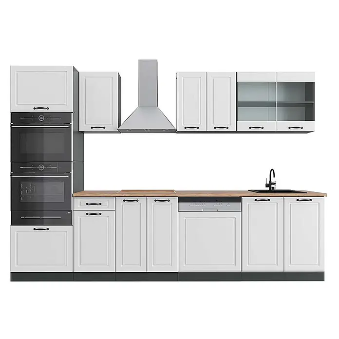 Vicco Küchenzeile R-Line Weiß Landhaus/Anthrazit mit Hochschrank, AP Eiche - Weiß Landhaus, Ohne Elektrogeräte - Weiße Küchenschränke mit Holzplatte, integrierten Öfen, Geschirrspüler und Spüle, unter einer Edelstahl-Dunstabzugshaube.