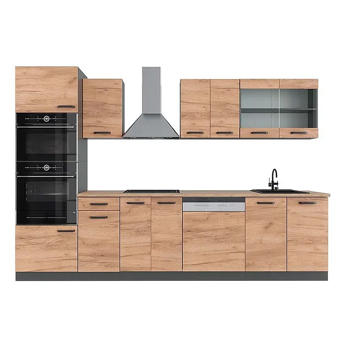 Vicco Küchenzeile R-Line Goldkraft Eiche/Anthrazit mit Hochschrank, AP Eiche - Breite: 300 cm, Goldkraft Eiche, Ohne Elektrogeräte - Moderne Modulküche mit hellen Holzoptikfronten, dunkelgrauem Sockel, integrierten Öfen, Kochfeld, Geschirrspüler, Spüle und Edelstahl-Dunstabzugshaube.
