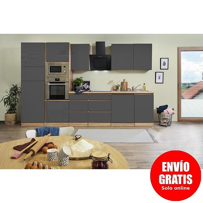 Respekta Premium Composición de cocina (Ancho: 345 cm, Con dispositivos eléctricos, Gris de alto brillo)