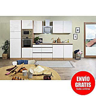 Respekta Premium Composición de cocina Lorena (Ancho: 345 cm, Blanco, Brillo intenso, Decoración encimera: Efecto madera, Con electrodomésticos)