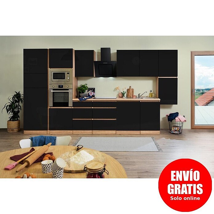 Respekta Premium Composición de cocina (Ancho: 395 cm, Con dispositivos eléctricos, Negro de alto brillo)