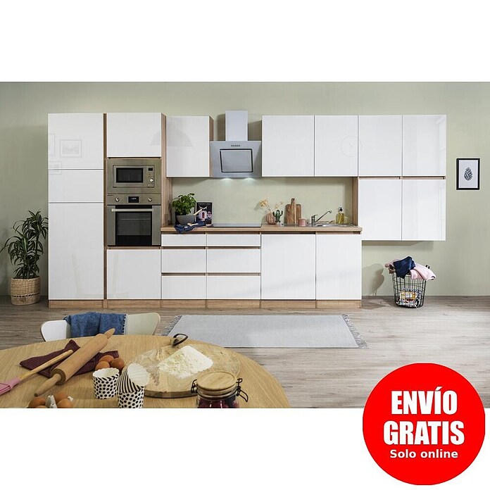 Respekta Premium Composición de cocina (Ancho: 445 cm, Con dispositivos eléctricos, Blanco de alto brillo)