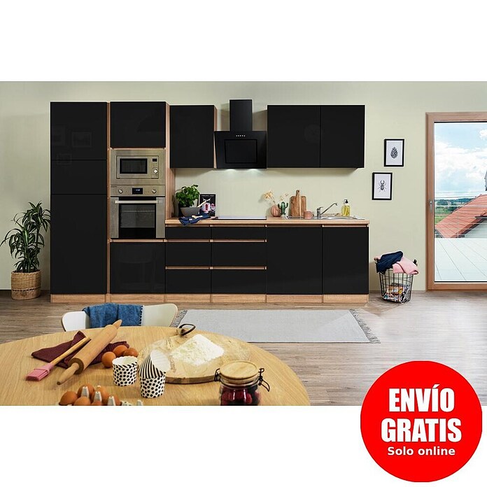 Respekta Premium Composición de cocina (Ancho: 345 cm, Con dispositivos eléctricos, Negro de alto brillo)