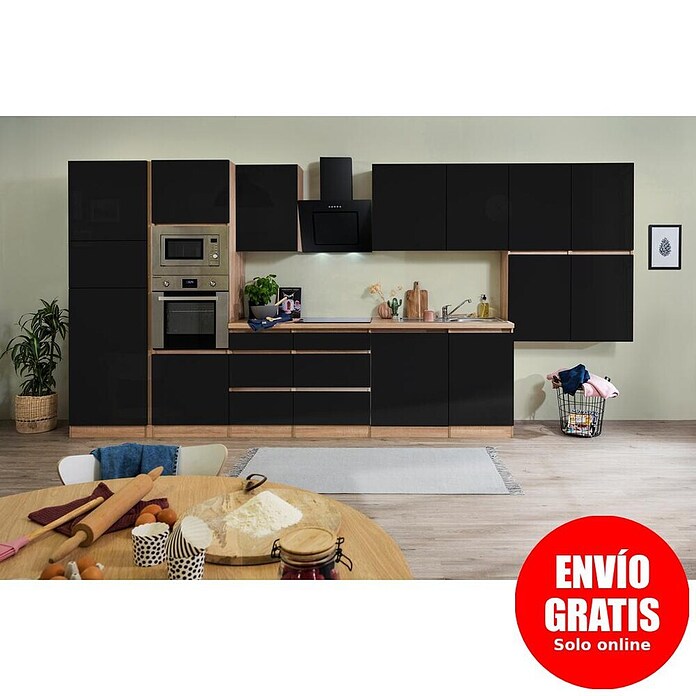 Respekta Premium Composición de cocina (Ancho: 445 cm, Con dispositivos eléctricos, Negro de alto brillo)
