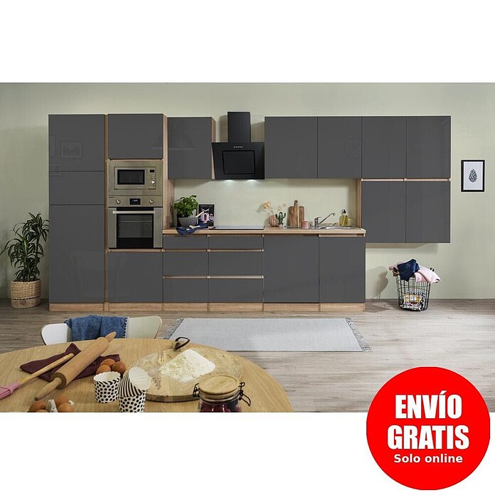 Respekta Premium Composición de cocina (Ancho: 445 cm, Con dispositivos eléctricos, Gris de alto brillo)