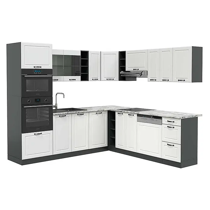 Vicco Eckküche R-Line Weiß Landhaus/Anthrazit, AP Marmor - B x T: 247 x 60 cm, Weiß Landhaus, Ohne Elektrogeräte - L-förmige Küche mit weißen Schrankfronten, dunkelgrauen Rahmen, Arbeitsplatte in Marmoroptik, integriertem Doppelbackofen, Kochfeld, Spülmaschine und Spüle.