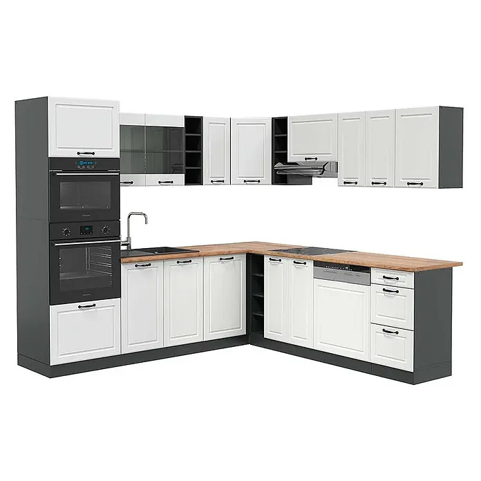 Vicco Eckküche R-Line Weiß Landhaus/Anthrazit, AP Eiche - B x T: 247 x 60 cm, Weiß Landhaus, Ohne Elektrogeräte - L-förmige Küche mit weißen Schranktüren im Shaker-Stil, dunkelgrauen Rahmen und Holzarbeitsplatten, inkl. integrierten Backöfen, Spüle, Kochfeld und Geschirrspüler.