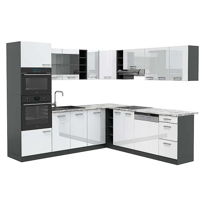 Vicco Eckküche R-Line Weiß Hochglanz/Anthrazit, AP Marmor - B x T: 247 x 60 cm, Weiß Hochglanz, Ohne Elektrogeräte - Moderne L-förmige Küche mit hochglänzenden weißen Schränken, dunkelgrauen Akzenten, Arbeitsplatte in Marmoroptik und Einbaugeräten.