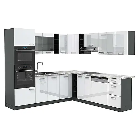 Vicco  Eckküche R-Line Weiß Hochglanz/Anthrazit, AP Marmor