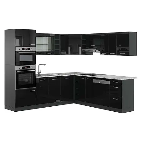Vicco  Eckküche R-Line Schwarz Hochglanz/Anthrazit, AP Marmor