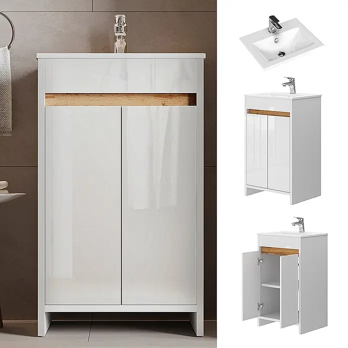 Vicco Badmöbel-Set Lemgo Weiß Hochglanz 2 Teile, mit Waschbecken und 2 Flügeltüren - Gesamtbreite Badmöbel: 48 cm, Weiß Hochglanz, Glänzend - Weißer Hochglanz-Badezimmerschrank mit Holz-Akzent, integriertem Waschbecken und Unterschrank.