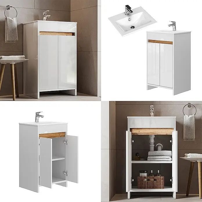 Vicco Badmöbel-Set Lemgo Weiß Hochglanz 2 Teile, mit Waschbecken und 2 Flügeltüren - Gesamtbreite Badmöbel: 48 cm, Weiß Hochglanz, Glänzend - Weißer hochglänzender Badunterschrank mit Keramikwaschbecken und Holzdekor. Verfügt über zwei Türen mit Innenablage.