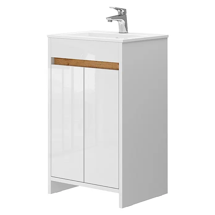 Vicco Badmöbel-Set Lemgo Weiß Hochglanz 2 Teile, mit Waschbecken und 2 Flügeltüren - Gesamtbreite Badmöbel: 48 cm, Weiß Hochglanz, Glänzend - Weißer Hochglanz-Badunterschrank mit integriertem Waschbecken, Chromarmatur und Holz-Akzentstreifen.