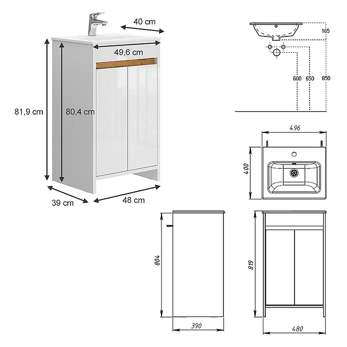 Vicco Badmöbel-Set Lemgo Weiß Hochglanz 2 Teile, mit Waschbecken und 2 Flügeltüren - Gesamtbreite Badmöbel: 48 cm, Weiß Hochglanz, Glänzend - Weißer Badezimmerschrank mit Waschbecken und Wasserhahn, mit braunem Holzstreifen.