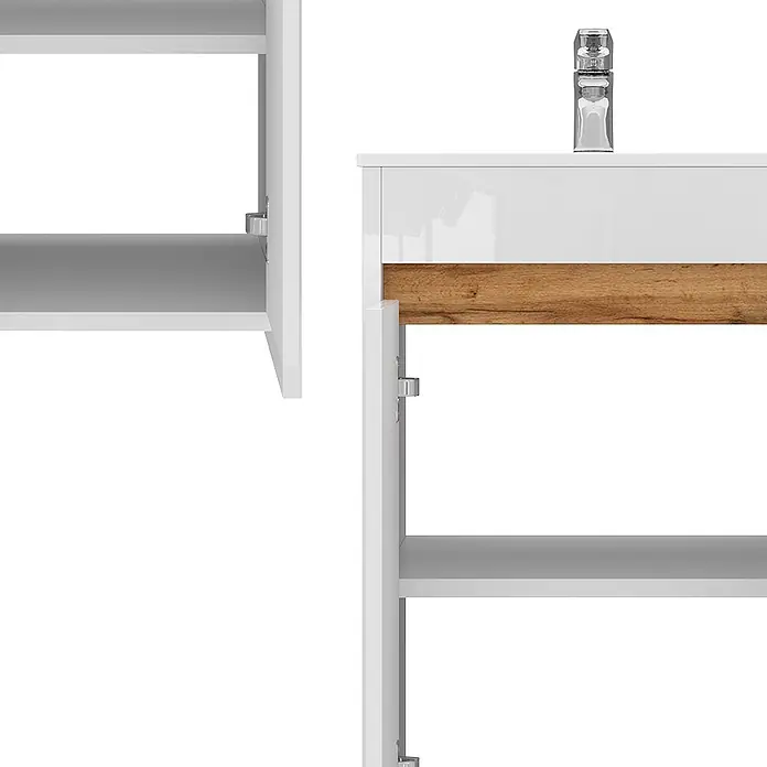 Vicco Badmöbel-Set Lemgo Weiß Hochglanz 2 Teile, mit Waschbecken und 2 Flügeltüren - Gesamtbreite Badmöbel: 48 cm, Weiß Hochglanz, Glänzend - Weißer Badezimmer-Waschtisch mit Holz-Akzent, Chrom-Armatur und offenen Ablagen.