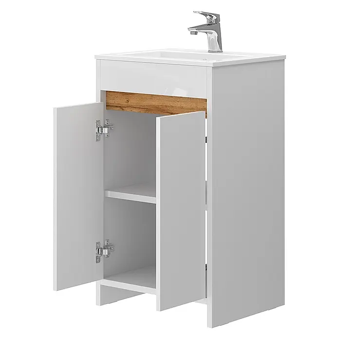Vicco Badmöbel-Set Lemgo Weiß Hochglanz 2 Teile, mit Waschbecken und 2 Flügeltüren - Gesamtbreite Badmöbel: 48 cm, Weiß Hochglanz, Glänzend - Weißer Badezimmer-Waschtisch mit Waschbecken, Chromarmatur und offenem Schrank mit Holzdekor und Regal.