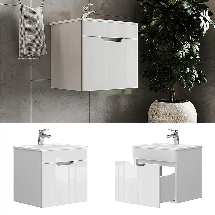 Vicco Badmöbel-Set Stefanie Weiß Hochglanz 2 Teile, mit Waschbecken - Gesamtbreite Badmöbel: 48 cm, Weiß, Glänzend - Glänzender weißer wandmontierter Badezimmer-Waschtisch mit integriertem Waschbecken und Chromarmatur, mit ausziehbarer Schublade.
