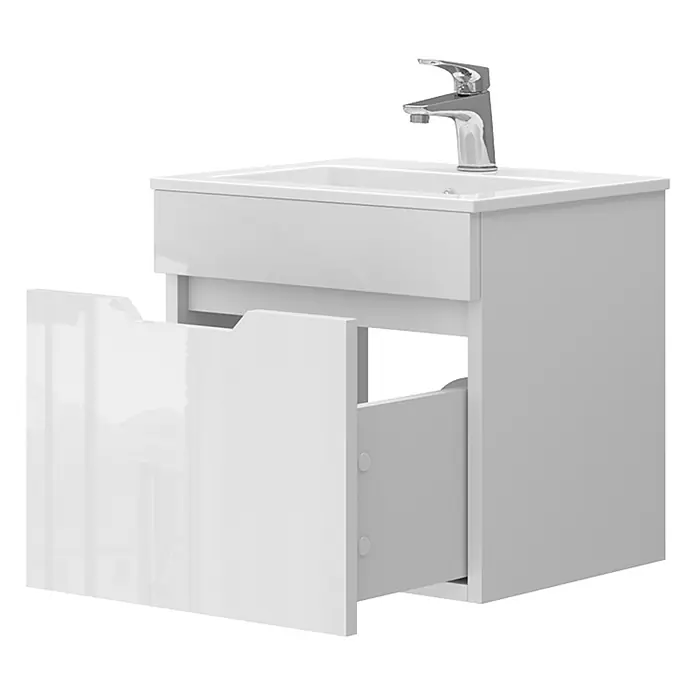 Vicco Badmöbel-Set Stefanie Weiß Hochglanz 2 Teile, mit Waschbecken - Gesamtbreite Badmöbel: 48 cm, Weiß, Glänzend - Weißer Hochglanz-Waschtischunterschrank mit integriertem Waschbecken, Chromarmatur und geöffneter Schublade.
