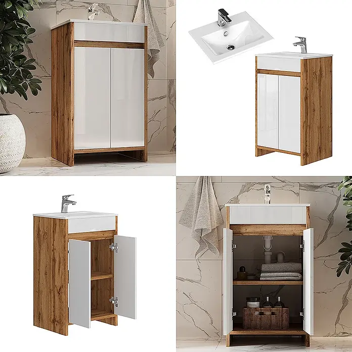 Vicco Badmöbel-Set Lemgo Goldkraft Eiche 2 Teile, mit Waschbecken und 2 Flügeltüren - Gesamtbreite Badmöbel: 48 cm, Goldkraft Eiche, Glänzend - Zweifarbiger Badunterschrank mit weißem Keramikwaschbecken, Holzoptik-Korpus, weißen Hochglanztüren und Stauraum.