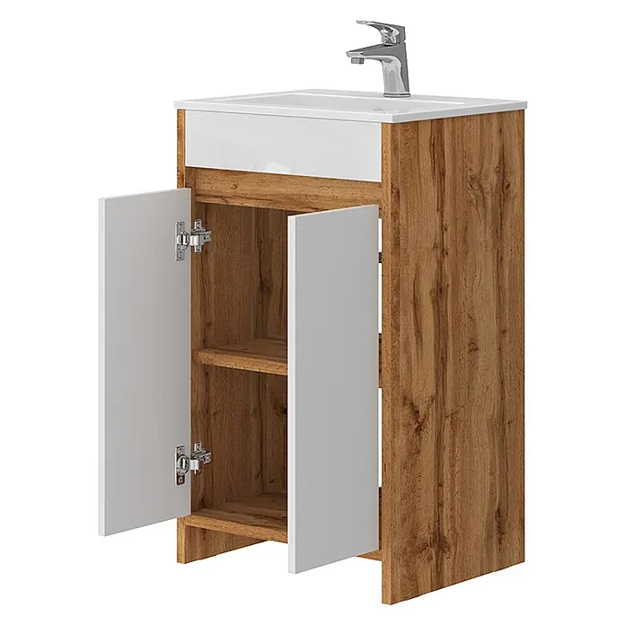 Vicco Badmöbel-Set Lemgo Goldkraft Eiche 2 Teile, mit Waschbecken und 2 Flügeltüren - Gesamtbreite Badmöbel: 48 cm, Goldkraft Eiche, Glänzend - Waschtischunterschrank in Holzoptik mit weißem Keramikwaschbecken, Chromarmatur und offenen weißen Schranktüren mit Einlegeboden.