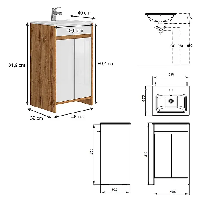 Vicco Badmöbel-Set Lemgo Goldkraft Eiche 2 Teile, mit Waschbecken und 2 Flügeltüren - Gesamtbreite Badmöbel: 48 cm, Goldkraft Eiche, Glänzend - Waschtischunterschrank mit Holzoptik-Rahmen, weißen Hochglanztüren, Keramikwaschbecken und Chromarmatur. Inklusive technischer Zeichnungen.