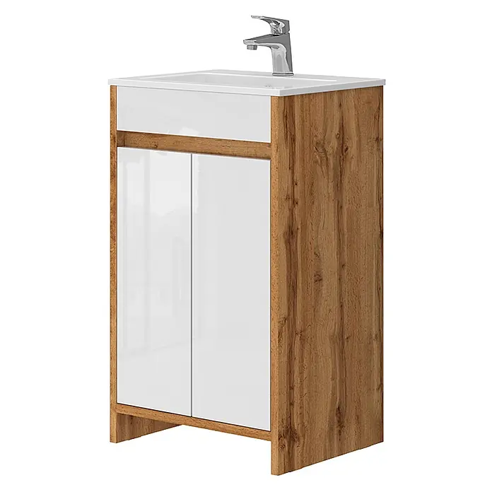 Vicco Badmöbel-Set Lemgo Goldkraft Eiche 2 Teile, mit Waschbecken und 2 Flügeltüren - Gesamtbreite Badmöbel: 48 cm, Goldkraft Eiche, Glänzend - Moderner Badezimmer-Waschtisch mit weißem Keramikbecken und Armatur, weißen Hochglanzfronten und Rahmen in Holzoptik.