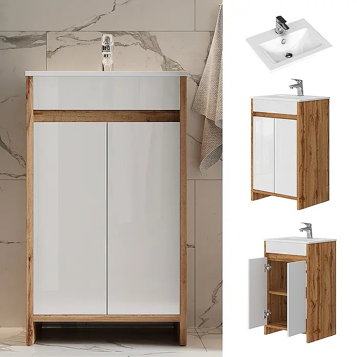 Vicco Badmöbel-Set Lemgo Goldkraft Eiche 2 Teile, mit Waschbecken und 2 Flügeltüren - Gesamtbreite Badmöbel: 48 cm, Goldkraft Eiche, Glänzend - Hochglanz-Badezimmermöbel in Weiß mit Holzrahmen, integriertem Waschbecken und Ablagefächern.