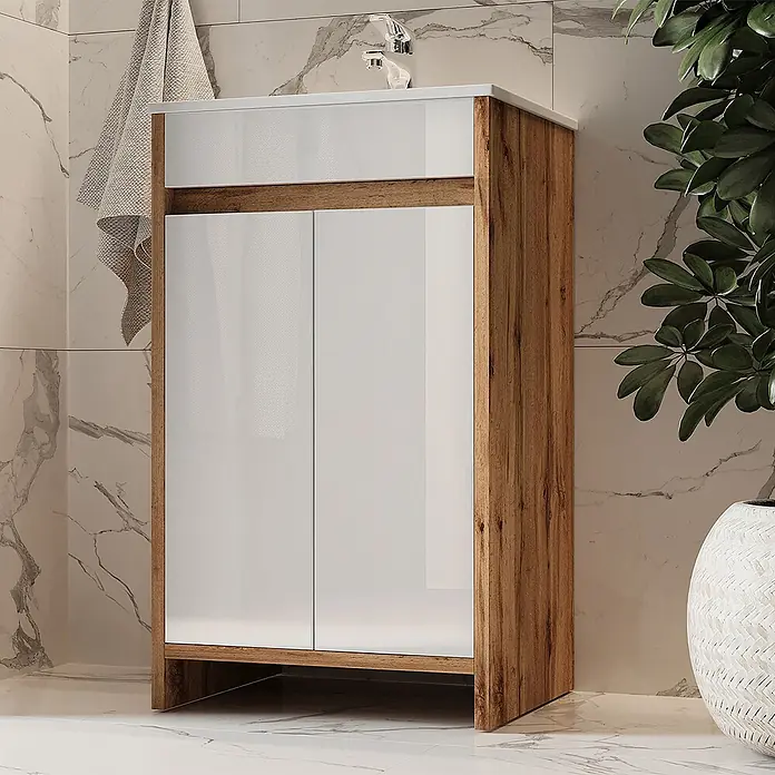 Vicco Badmöbel-Set Lemgo Goldkraft Eiche 2 Teile, mit Waschbecken und 2 Flügeltüren - Gesamtbreite Badmöbel: 48 cm, Goldkraft Eiche, Glänzend - Weißer Waschtisch mit Holzrahmen, Waschbecken, Schublade und zwei Türen.