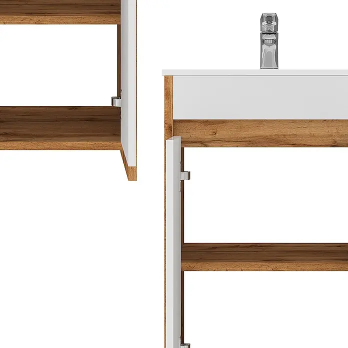 Vicco Badmöbel-Set Lemgo Goldkraft Eiche 2 Teile, mit Waschbecken und 2 Flügeltüren - Gesamtbreite Badmöbel: 48 cm, Goldkraft Eiche, Glänzend - Modernes Badmöbel in Weiß und Holzoptik mit Chromarmatur. Ein passender Schrank ist teilweise sichtbar.