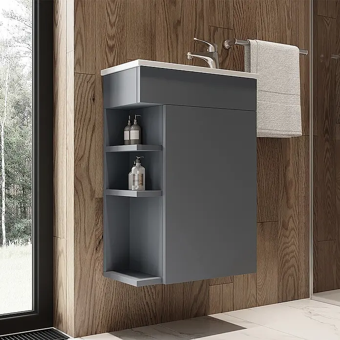Vicco Badmöbel-Set Amadeo Anthrazit 2 Teile, mit Waschbecken - Anthrazit, Matt - Moderne dunkelgraue wandhängende Badmöbel mit weißem Waschbecken und offenen Seitenregalen.