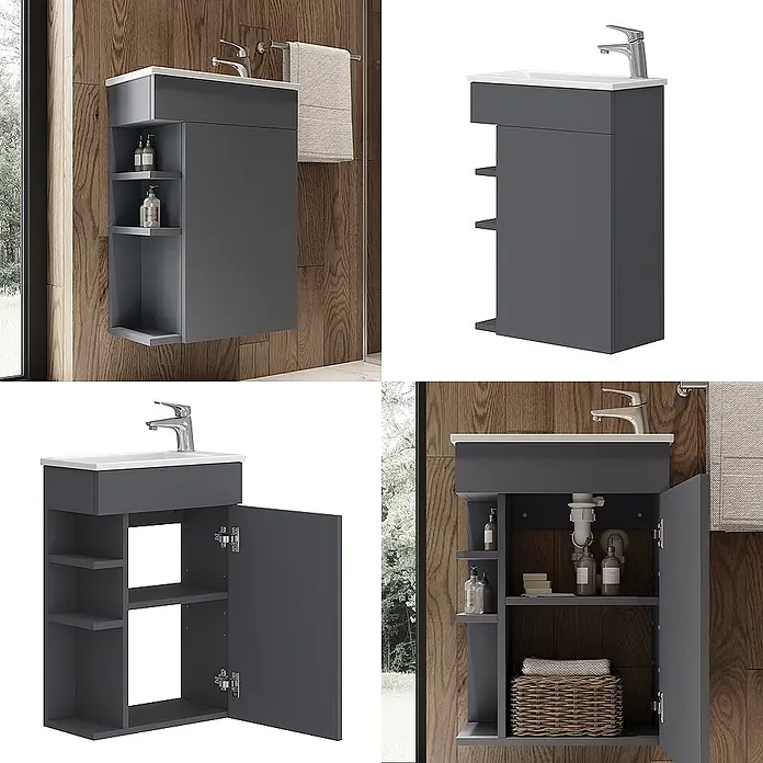 Vicco Badmöbel-Set Amadeo Anthrazit 2 Teile, mit Waschbecken - Anthrazit, Matt - Dunkelgrauer wandhängender Badschrank mit integriertem weißen Waschbecken, offenen Regalen und Schrankstauraum.