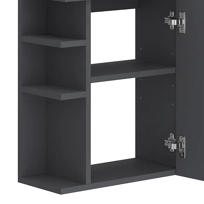 Vicco Badmöbel-Set Amadeo Anthrazit 2 Teile, mit Waschbecken - Anthrazit, Matt - Dunkelgraues modulares Regal mit offenen Fächern und einer geöffneten Schranktür mit silberfarbenen Scharnieren.