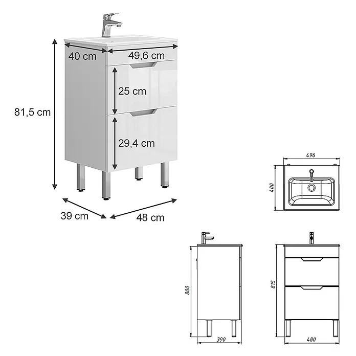 Vicco Badmöbel-Set Clayton Weiß 2 Teile, mit Waschbecken und 2 Schubladen - Gesamtbreite Badmöbel: 48 cm, Weiß, Glänzend - Weißer Badezimmer-Waschtischunterschrank mit integriertem Waschbecken, Armatur und zwei Schubladen auf Beinen.