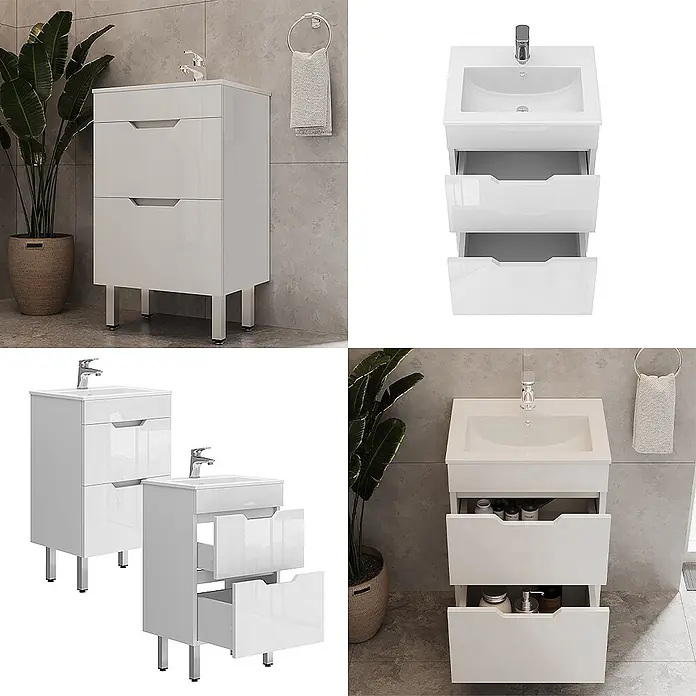 Vicco Badmöbel-Set Clayton Weiß 2 Teile, mit Waschbecken und 2 Schubladen - Gesamtbreite Badmöbel: 48 cm, Weiß, Glänzend - Weißer Hochglanz-Badunterschrank mit integriertem Waschbecken und drei ausziehbaren Schubladen auf Beinen.