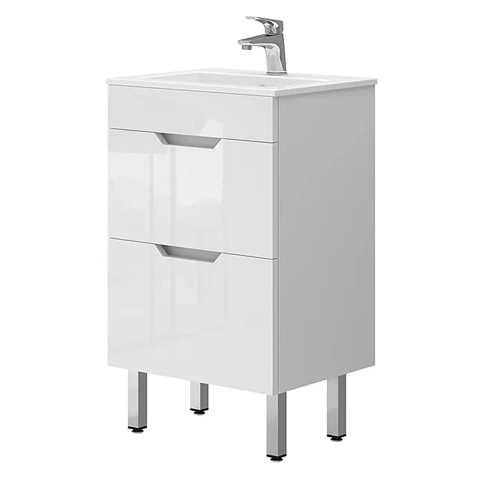 Vicco Badmöbel-Set Clayton Weiß 2 Teile, mit Waschbecken und 2 Schubladen - Gesamtbreite Badmöbel: 48 cm, Weiß, Glänzend - Weißer Hochglanz-Badunterschrank mit integriertem Waschbecken, Chromarmatur, zwei grifflosen Schubladen und Metallfüßen.