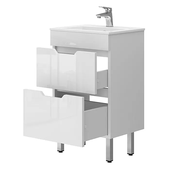 Vicco Badmöbel-Set Clayton Weiß 2 Teile, mit Waschbecken und 2 Schubladen - Gesamtbreite Badmöbel: 48 cm, Weiß, Glänzend - Weißer Hochglanz-Badezimmerschrank mit integriertem Waschbecken, Chromarmatur, zwei halb geöffneten Schubladen und Metallfüßen.