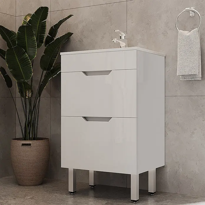 Vicco Badmöbel-Set Clayton Weiß 2 Teile, mit Waschbecken und 2 Schubladen - Gesamtbreite Badmöbel: 48 cm, Weiß, Glänzend - Weißer Hochglanz-Badezimmerschrank mit drei Schubladen, Chromarmatur und Metallfüßen in einem modernen Fliesenbad.