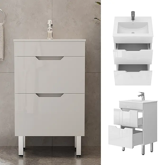 Vicco Badmöbel-Set Clayton Weiß 2 Teile, mit Waschbecken und 2 Schubladen - Gesamtbreite Badmöbel: 48 cm, Weiß, Glänzend - Weißer Hochglanz-Waschtischunterschrank mit integriertem Waschbecken, Chromarmatur und drei Soft-Close-Schubladen auf Chromfüßen.