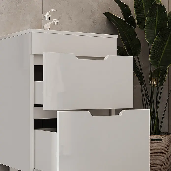 Vicco Badmöbel-Set Clayton Weiß 2 Teile, mit Waschbecken und 2 Schubladen - Gesamtbreite Badmöbel: 48 cm, Weiß, Glänzend - Weißer Hochglanz-Badezimmerschrank mit zwei offenen Schubladen und integrierten Griffen.