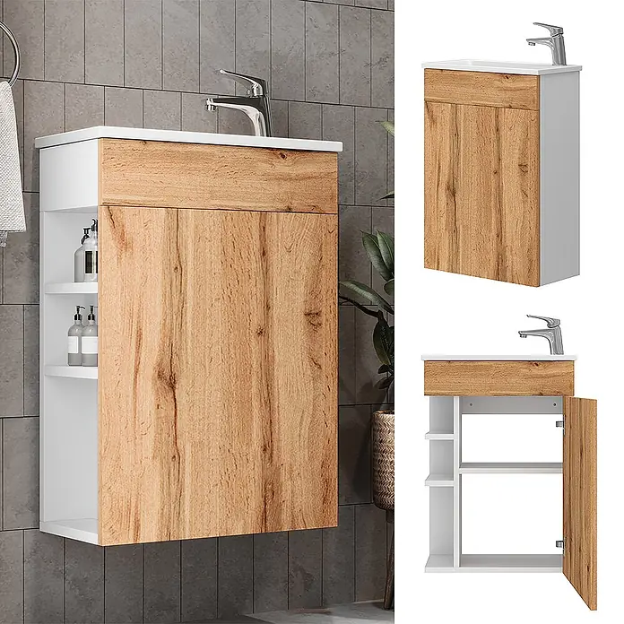 Vicco Badmöbel-Set Amadeo Goldkraft Eiche 2 Teile, mit Waschbecken - Goldkraft Eiche, Matt - Wandhängender Badunterschrank: weißer Korpus, helle Holzmaserung-Schranktür, Waschbecken und offene Regale.
