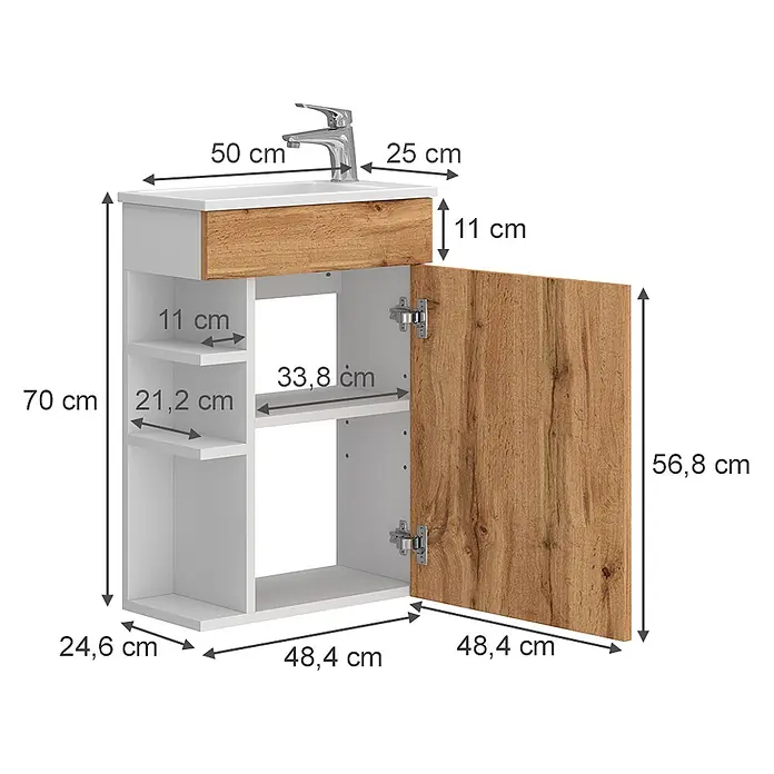 Vicco Badmöbel-Set Amadeo Goldkraft Eiche 2 Teile, mit Waschbecken - Goldkraft Eiche, Matt - Weißer Waschtischunterschrank mit integriertem Waschbecken, Echtholzschublade, Seitenregalen und Schranktür.
