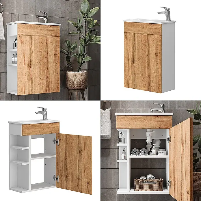 Vicco Badmöbel-Set Amadeo Goldkraft Eiche 2 Teile, mit Waschbecken - Goldkraft Eiche, Matt - Waschbeckenunterschrank in Weiß und Holzoptik mit Waschbecken, Tür und Regalen.