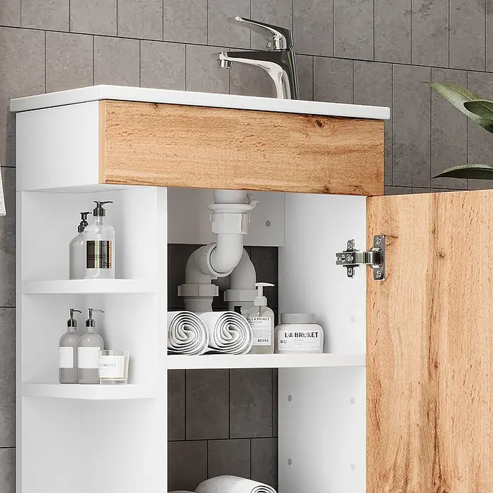 Vicco Badmöbel-Set Amadeo Goldkraft Eiche 2 Teile, mit Waschbecken - Goldkraft Eiche, Matt - Weißer und holzfarbener Badunterschrank mit integriertem Waschbecken und offenem Stauraum.