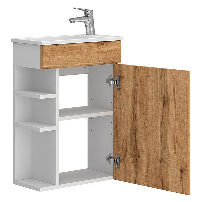 Vicco Badmöbel-Set Amadeo Goldkraft Eiche 2 Teile, mit Waschbecken - Goldkraft Eiche, Matt - Weißer Waschtischunterschrank mit heller Holzoptik Schublade und offener Tür, Spülbecken und Wasserhahn.