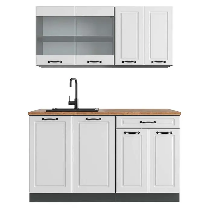 Vicco Singleküche R-Line Weiß Landhaus/Anthrazit, AP Eiche - Breite: 140 cm, Weiß Landhaus, Mit AP Eiche - Weißes Küchenschrank-Set mit schwarzen Griffen, einer Holztheke und einer schwarzen Spüle mit Wasserhahn.