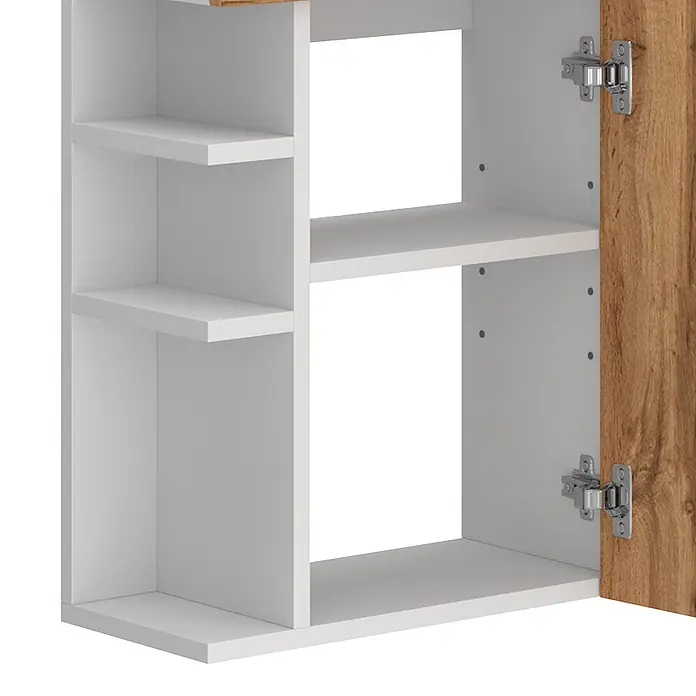 Vicco Badmöbel-Set Amadeo Goldkraft Eiche 2 Teile, mit Waschbecken - Goldkraft Eiche, Matt - Weißer Modulschrank mit offenen Regalen und einer Flügeltür in heller Holzoptik.